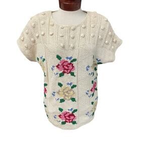 VTG Tony Lambert Silk Blend Sweater Popcorn Granny Flowers Size Small Cottage